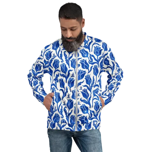 Blue Windmill Garden on a Bomber Jacket