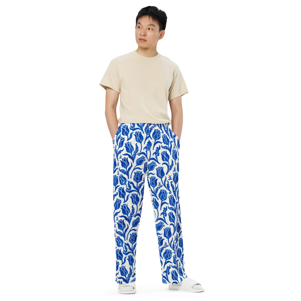 Blue Windmill Garden on Wide-Leg Pants — Front