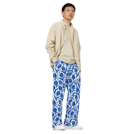 Blue Windmill Garden on a Wide-Leg Pants