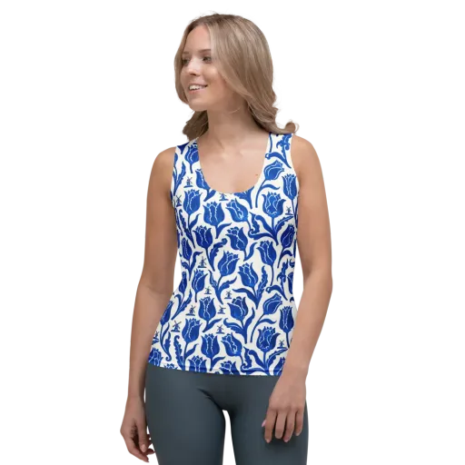 Blue Windmill Garden on a Women's Tank Top