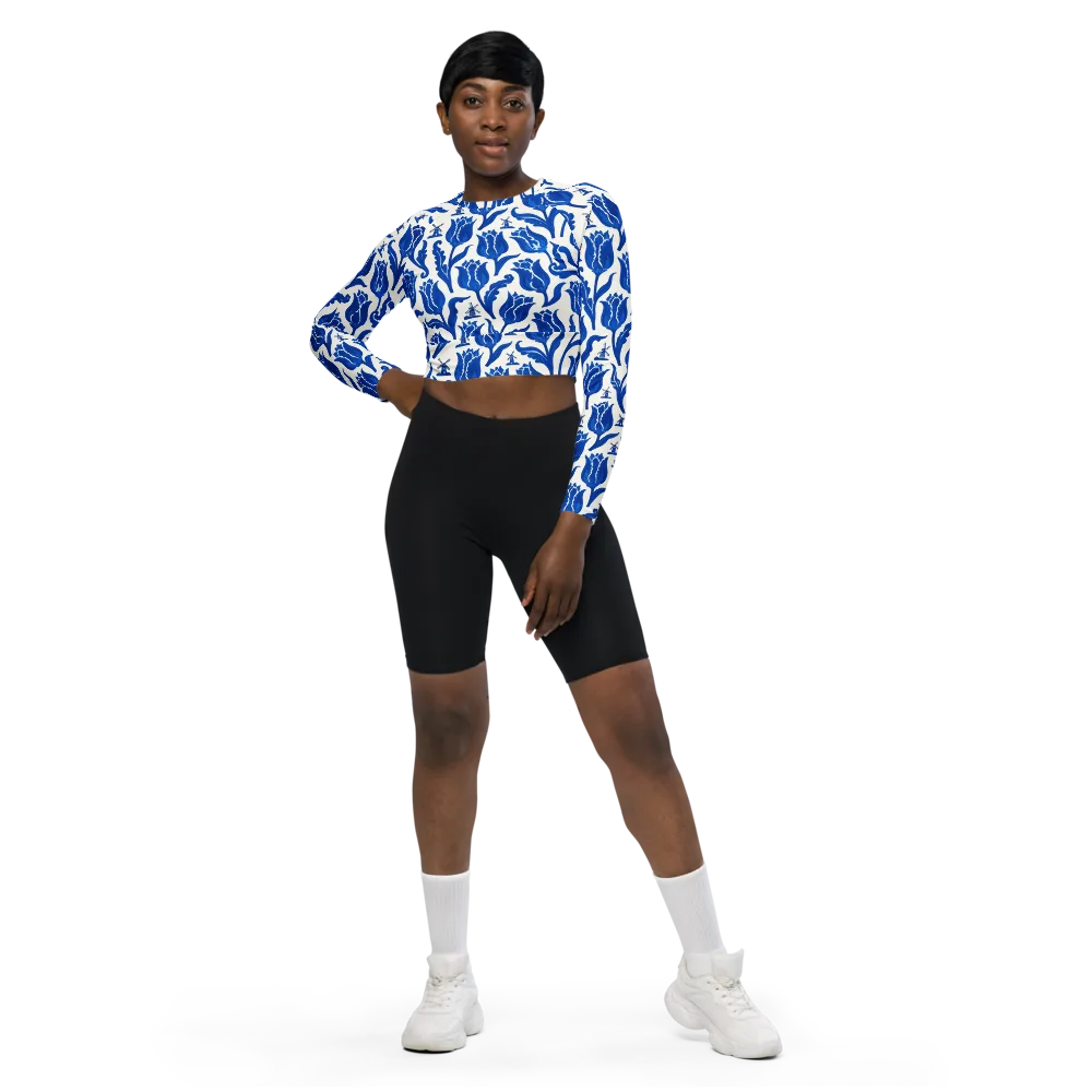 Blue Windmill Garden on Long Sleeve Crop Top — Front