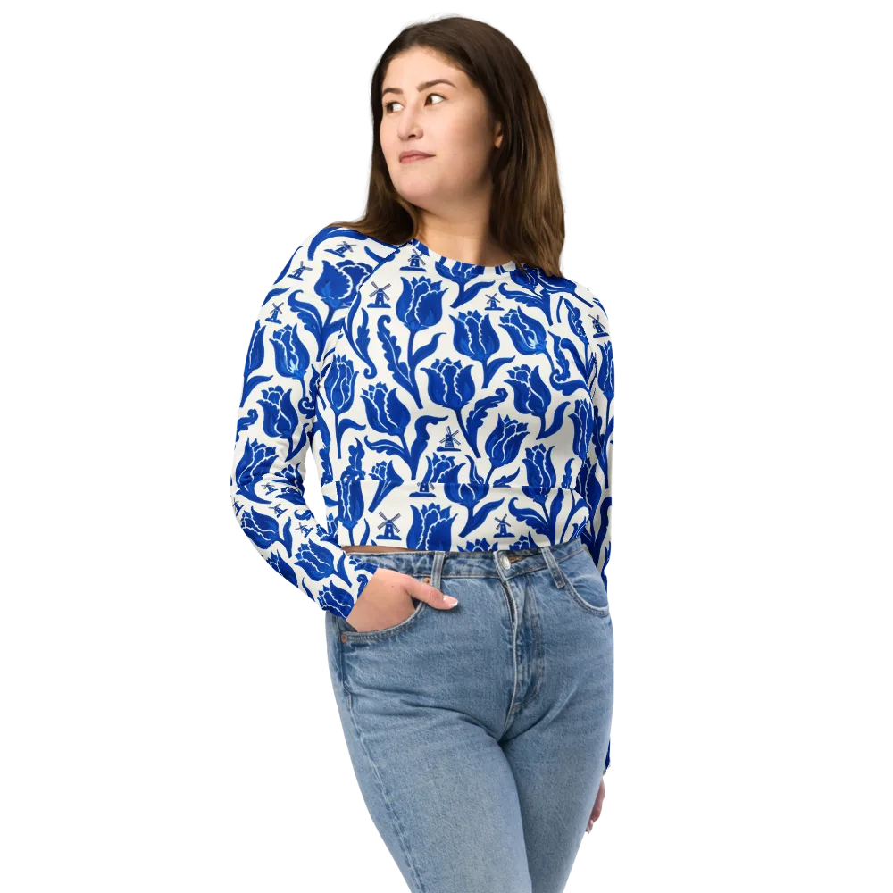 Blue Windmill Garden on Long Sleeve Crop Top — Front
