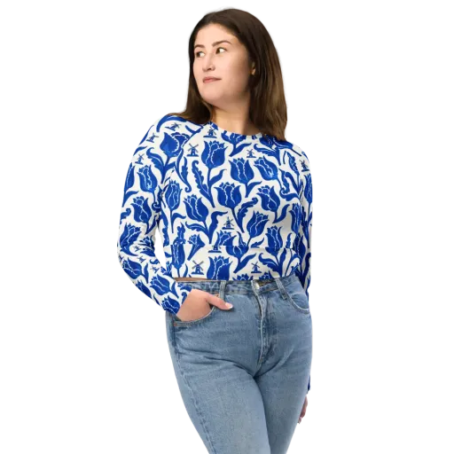 Blue Windmill Garden on a Long Sleeve Crop Top