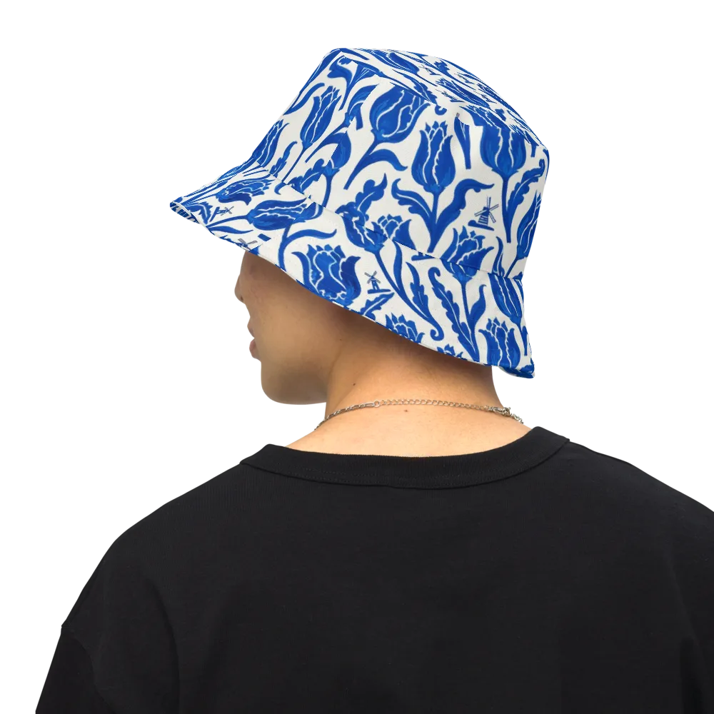 Blue Windmill Garden on Reversible Bucket Hat — Back Inside