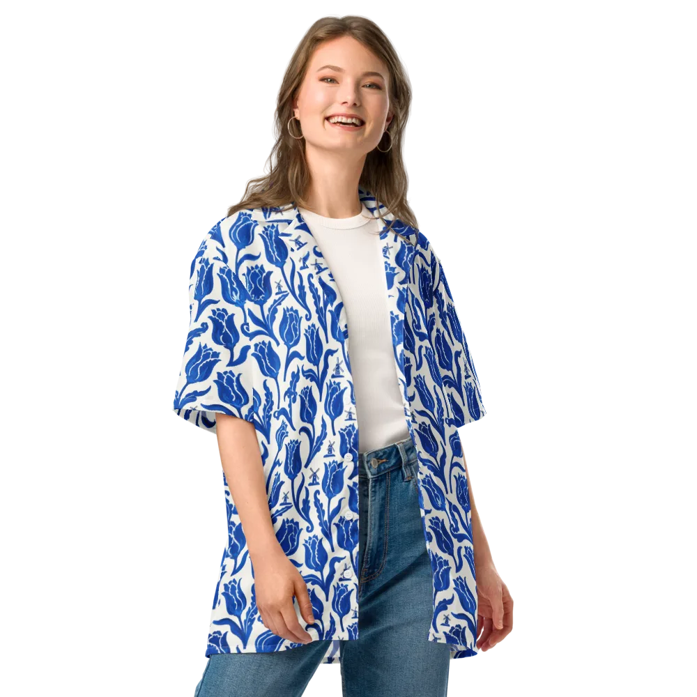 Blue Windmill Garden on Button Shirt — Front