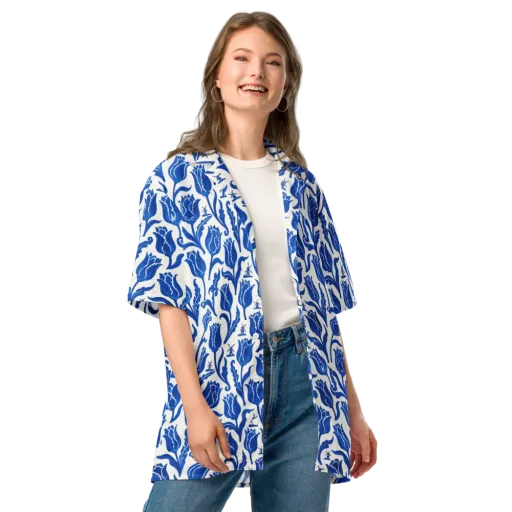 Blue Windmill Garden on a Button Shirt