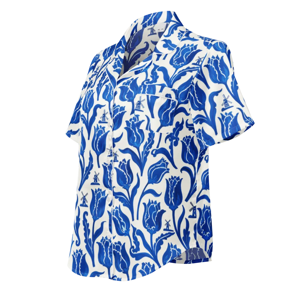 Blue Windmill Garden on Women's Short Sleeve Pajama Top — Left Front