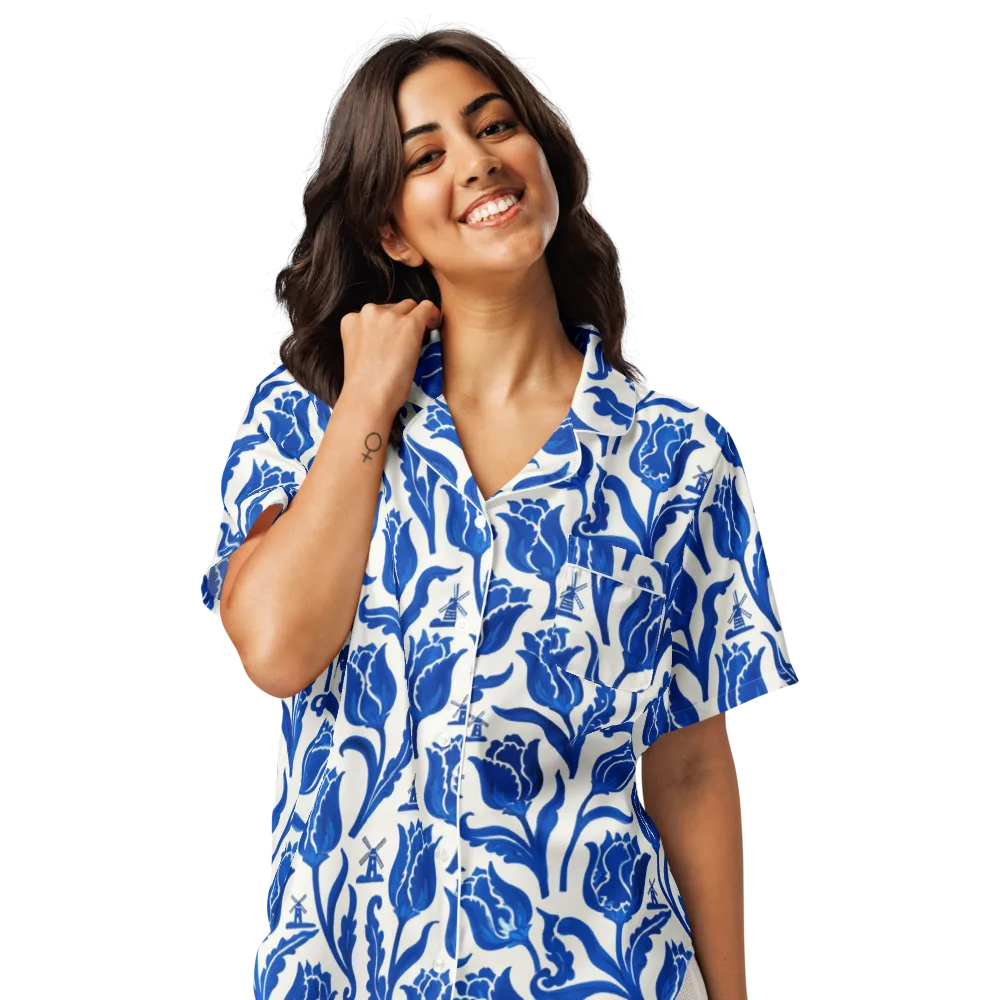 Blue Windmill Garden on Women's Short Sleeve Pajama Top — Front