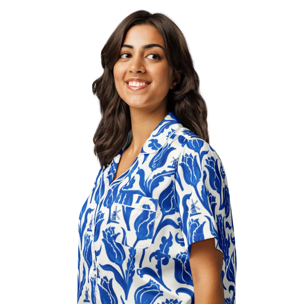 Blue Windmill Garden on Women's Short Sleeve Pajama Top — Left Front