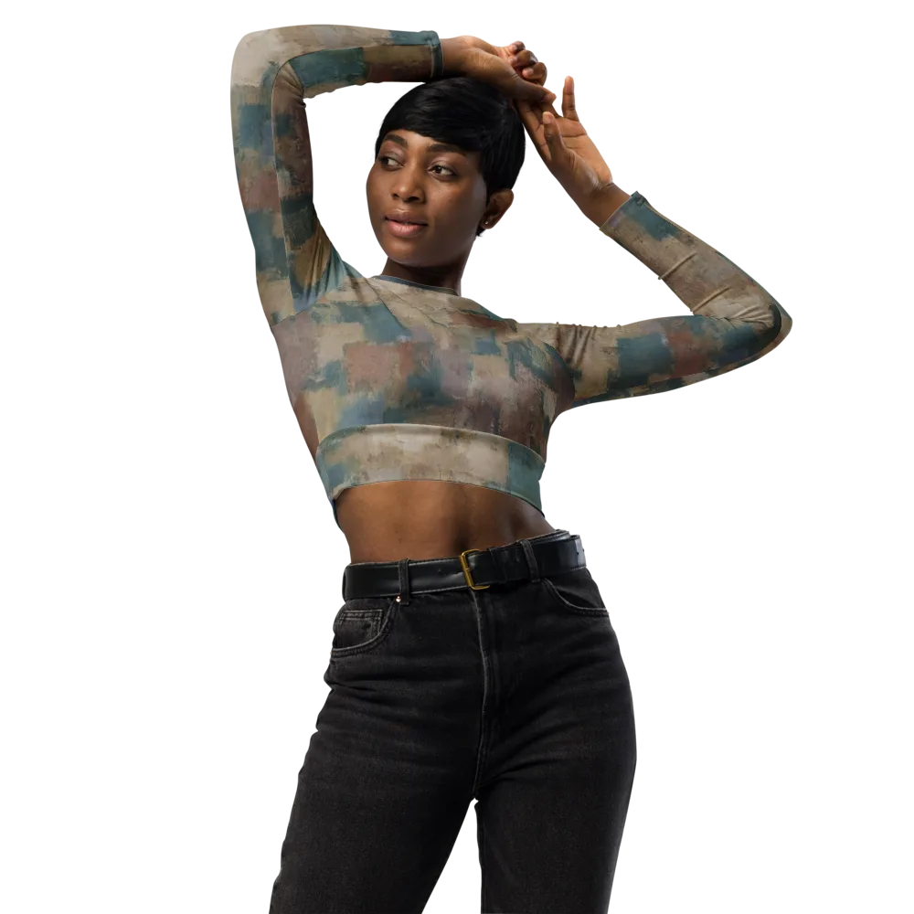 Muted Mosaic on Long Sleeve Crop Top — Front
