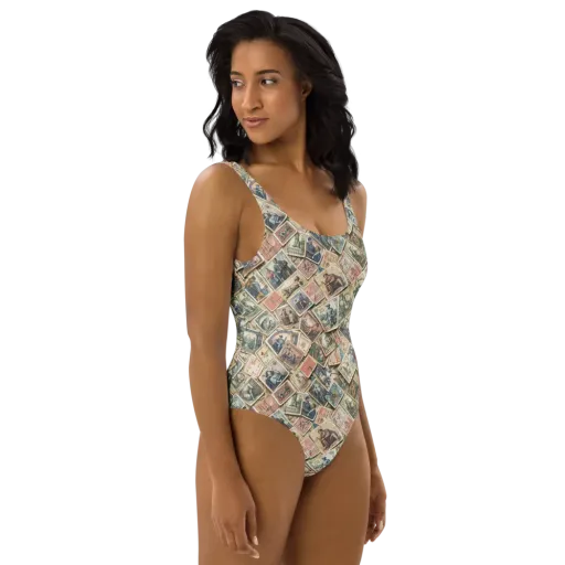 Postmark Pastime on a One-Piece Swimsuit