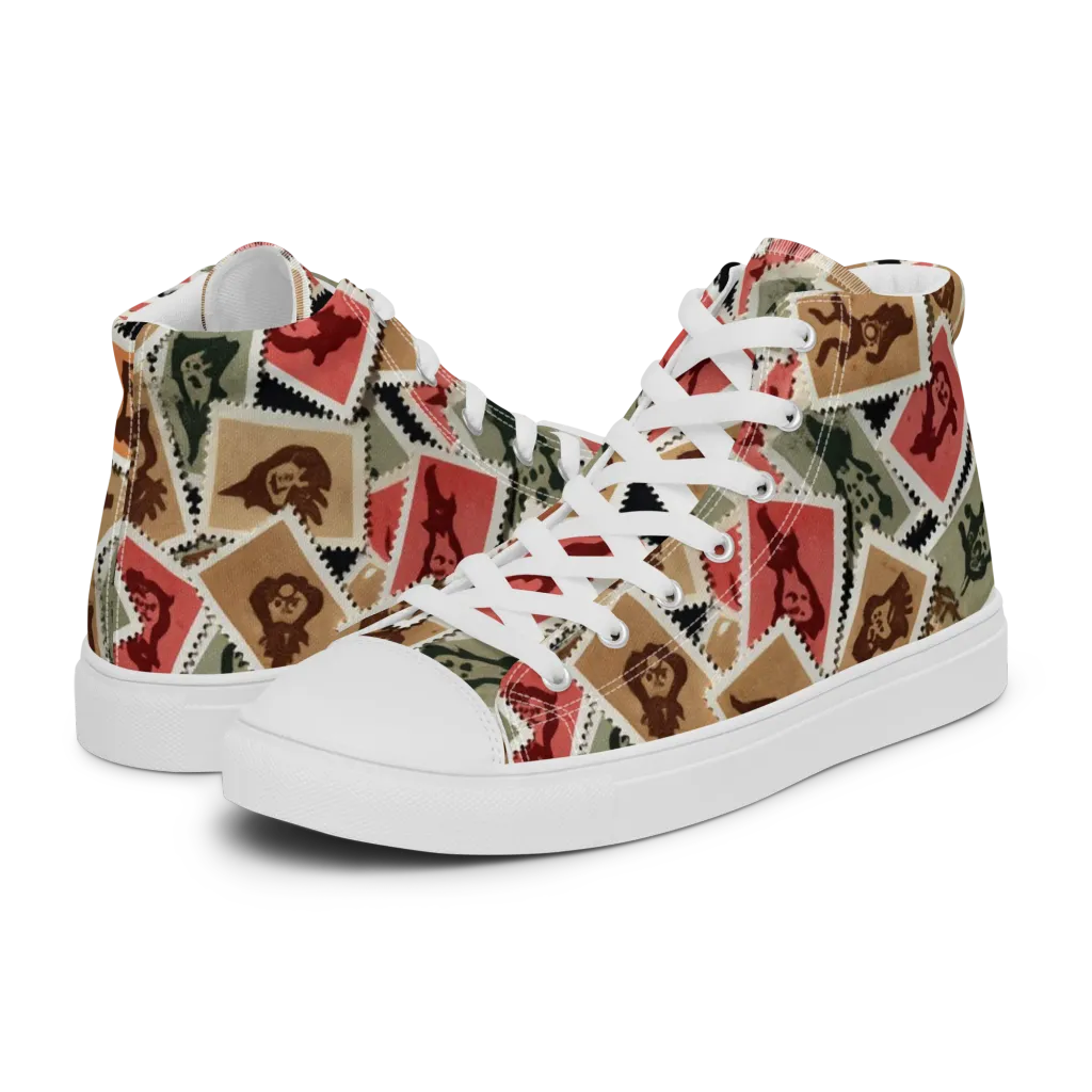 Postmarked Mischief on Men's High Top Canvas Shoes — Left