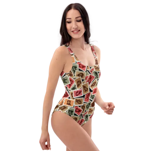 Postmarked Mischief on a One-Piece Swimsuit