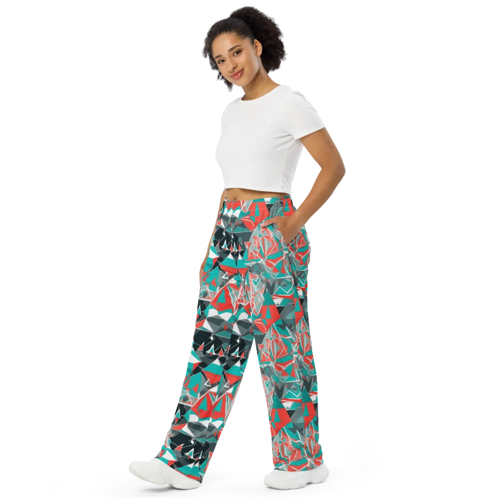 Coral Geometry on Wide-Leg Pants — Left Front