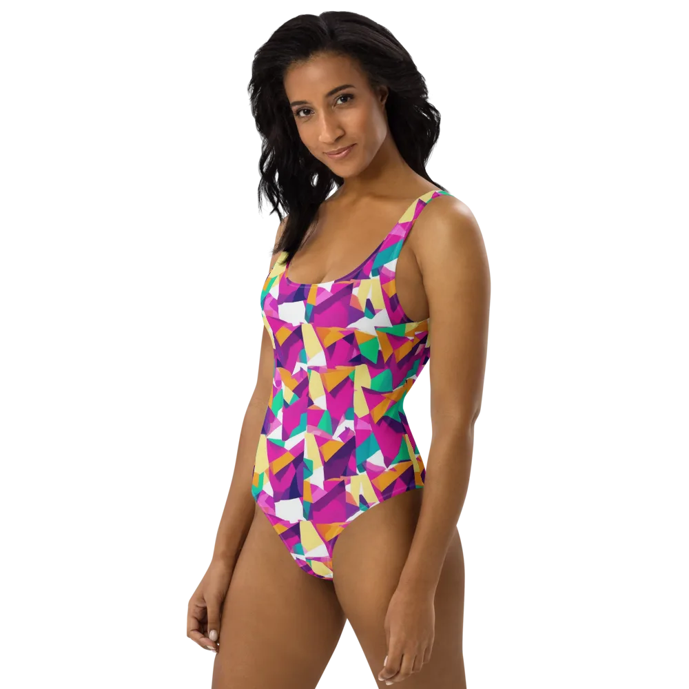Magenta Geometry on One-Piece Swimsuit — Left