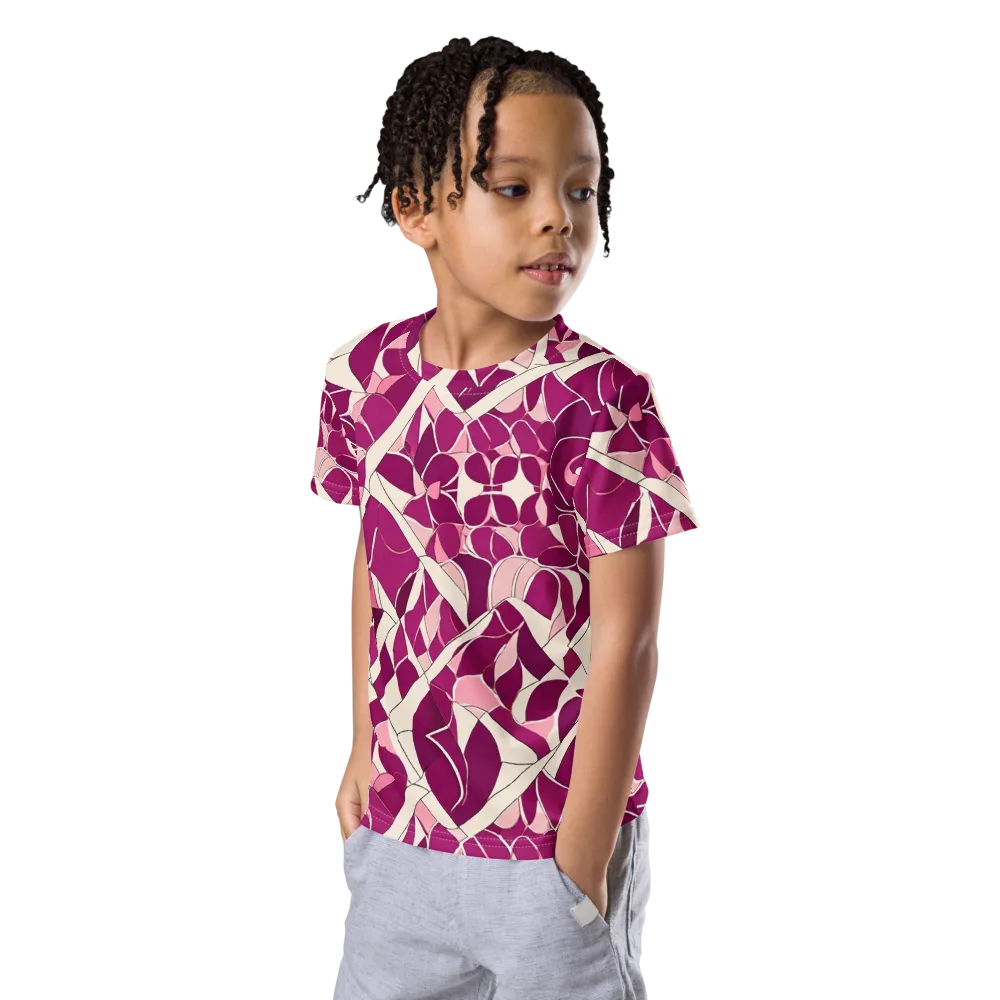 Magenta Mosaic on Kids Crew Neck T-Shirt — Left Front
