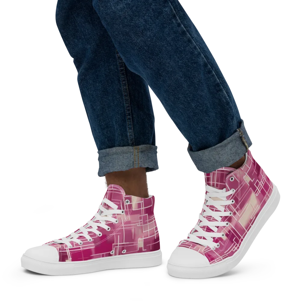 Neon Grid on Men's High Top Canvas Shoes — Left