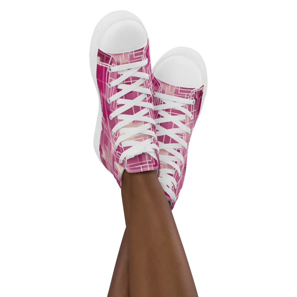 Neon Grid on Women's High Top Canvas Shoes — Front