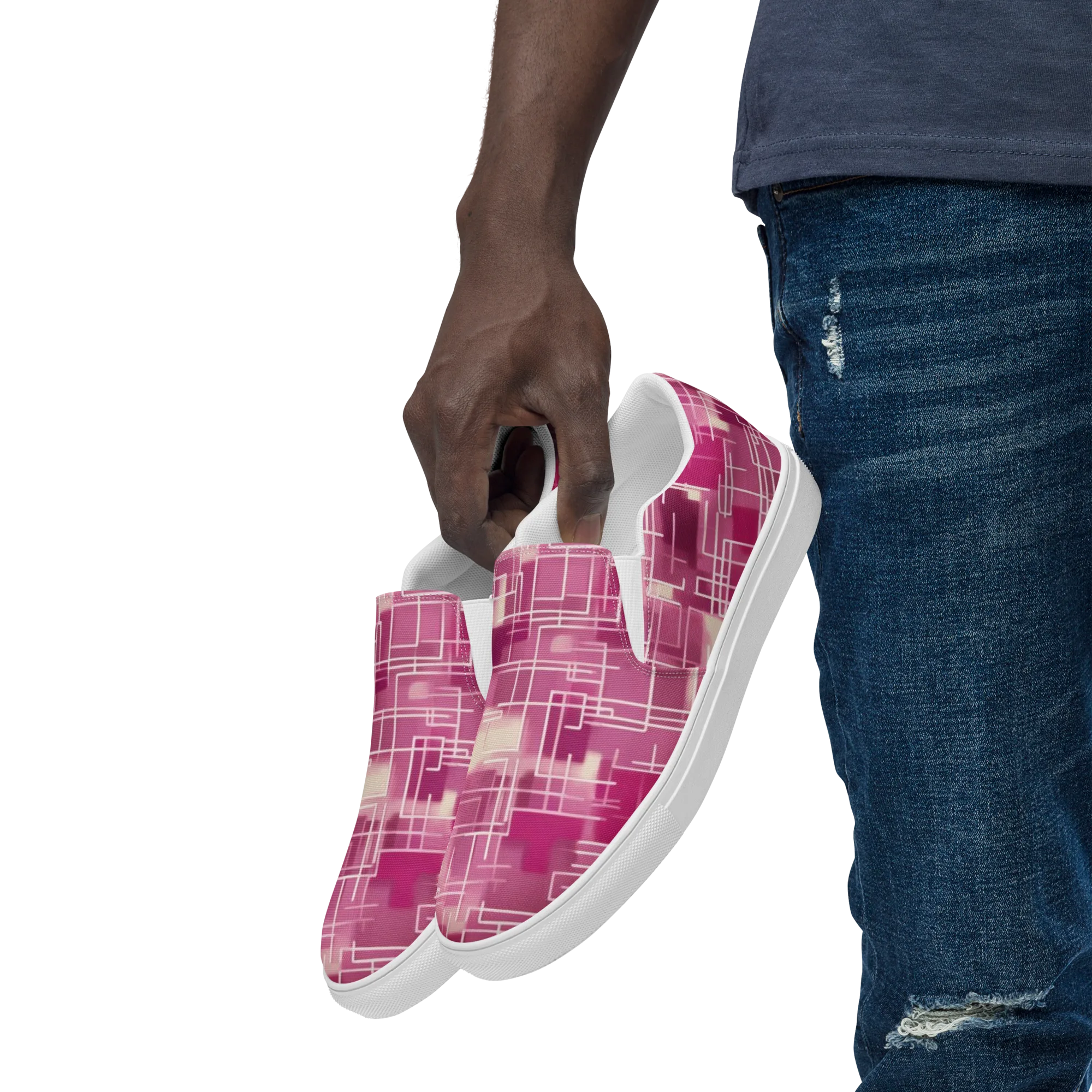 Neon Grid on Men's Slip-On Canvas Shoes — Left Front
