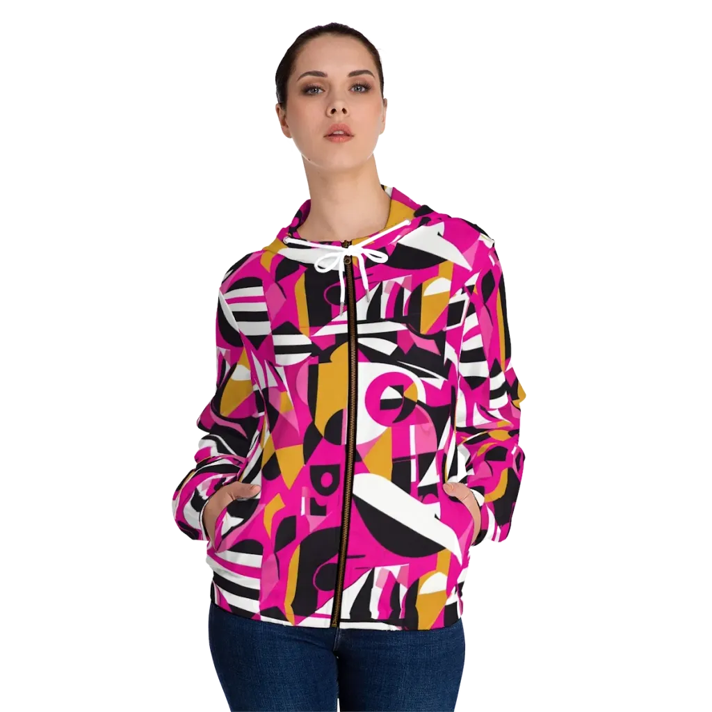 Pink Geometry on Women's Full-Zip Hoodie — Front On Person