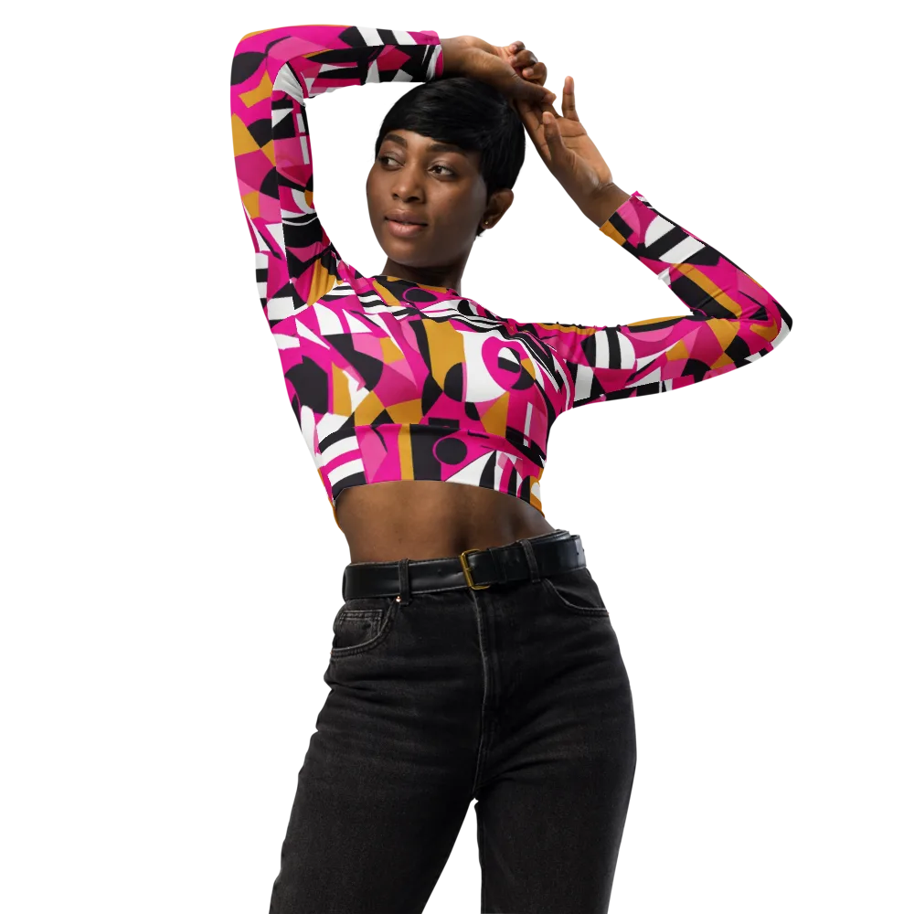 Pink Geometry on Long Sleeve Crop Top — Front