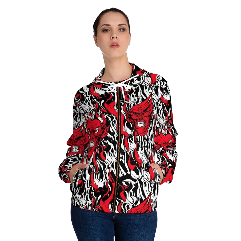 Devil’s Rorschach on Women's Full-Zip Hoodie — Front On Person