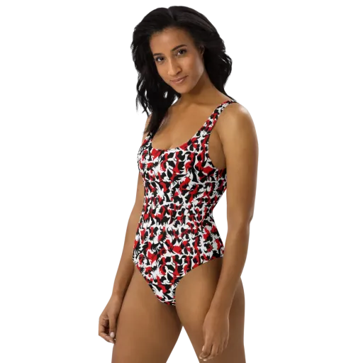 Crimson Inkblot on a One-Piece Swimsuit