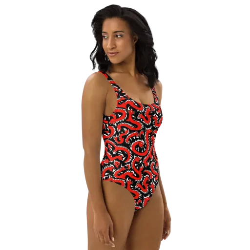 Crimson Coil on a One-Piece Swimsuit