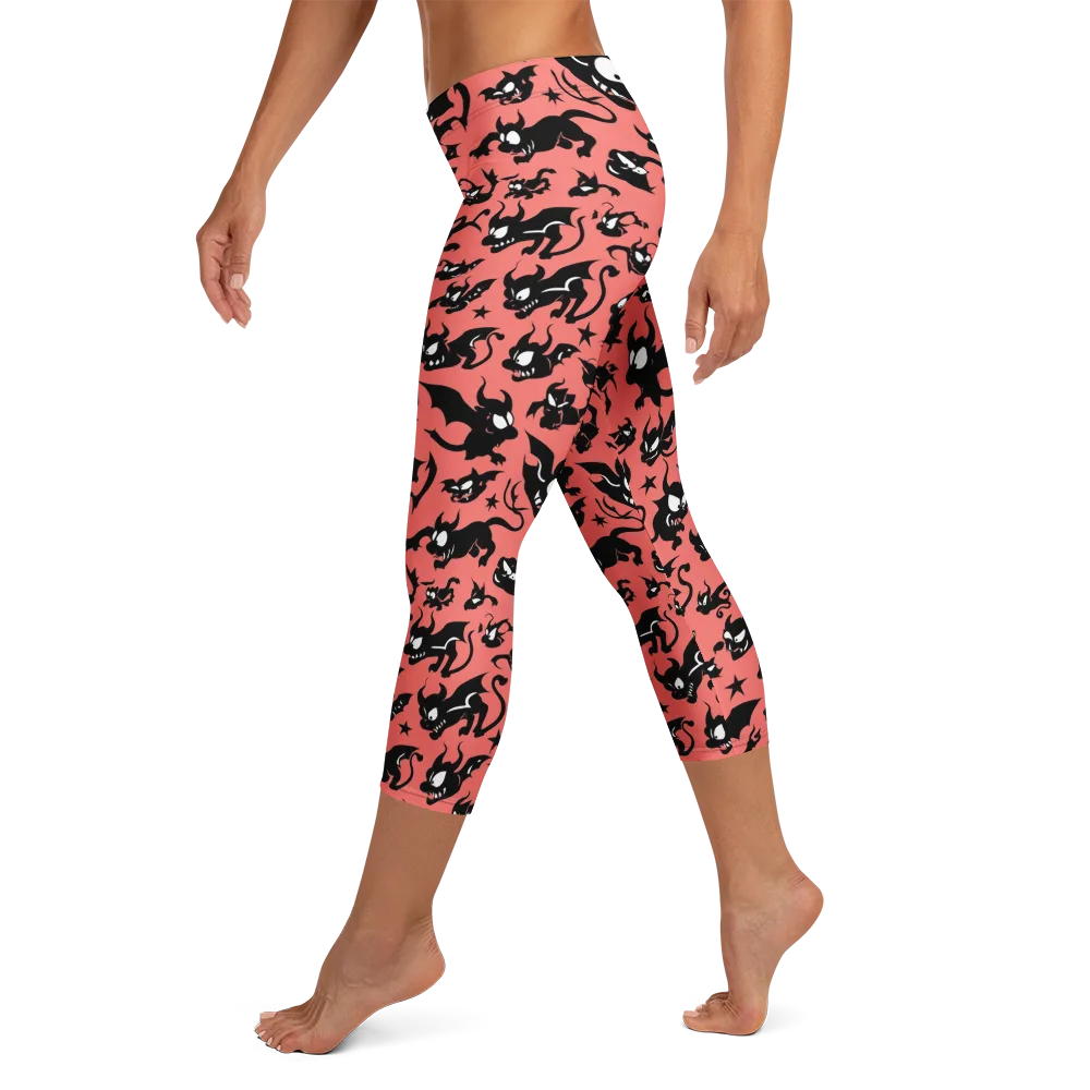 Coral Imp Parade on Capri Leggings — Left