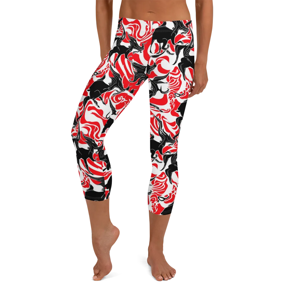 Crimson Night Flight on Capri Leggings — Front