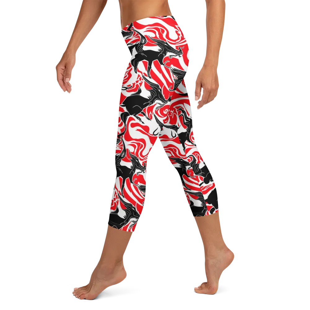 Crimson Night Flight on Capri Leggings — Left