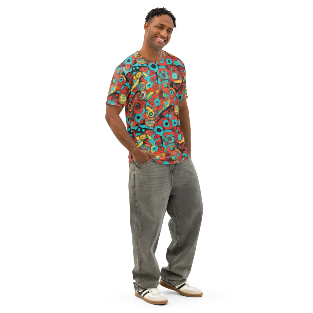Turquoise Machine on Men's Cotton Crew Neck T-Shirt — Right Front