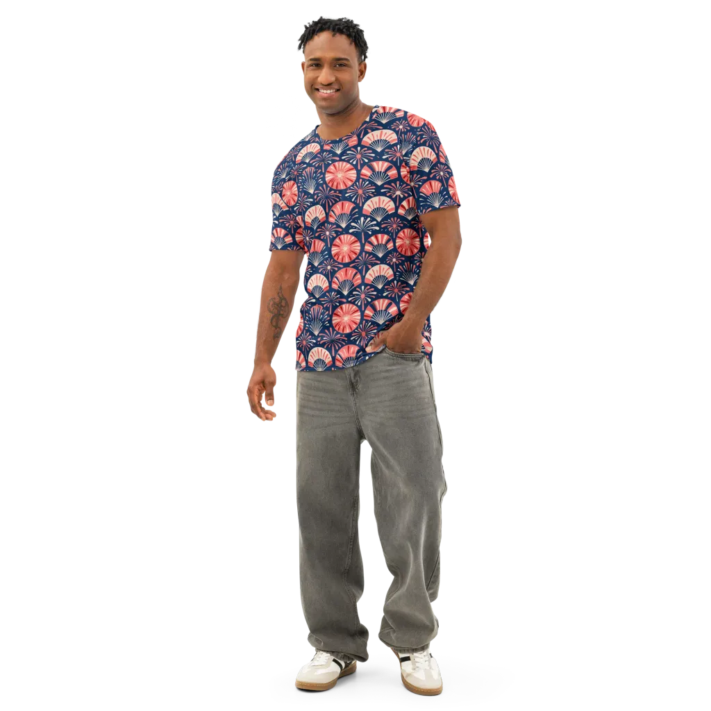 Navy Bloom Parade on Men's Cotton Crew Neck T-Shirt — Front