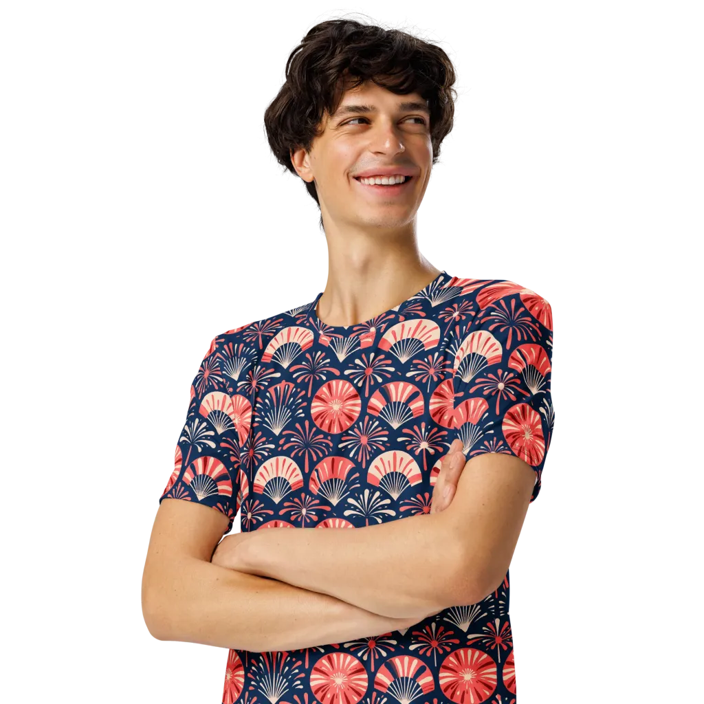 Navy Bloom Parade on Men's Crew Neck T-Shirt — Left Front