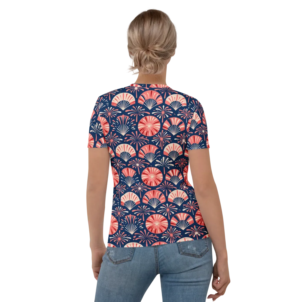 Navy Bloom Parade on Women's Crew Neck T-Shirt — Back