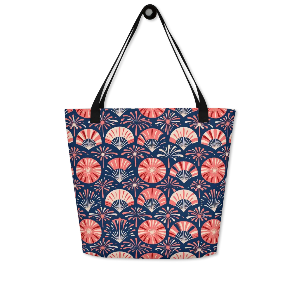 Navy Bloom Parade on Large Tote Bag W/ Pocket — Front