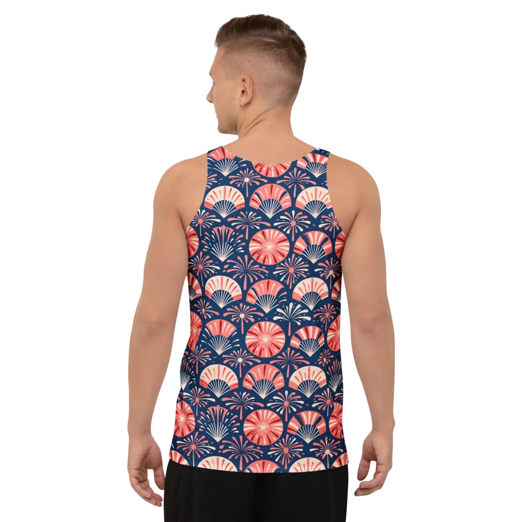 Navy Bloom Parade on Men's Tank Top — Back