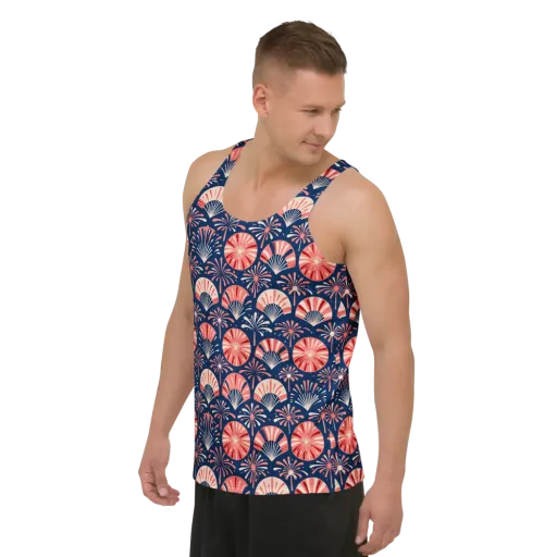 Navy Bloom Parade on a Men's Tank Top