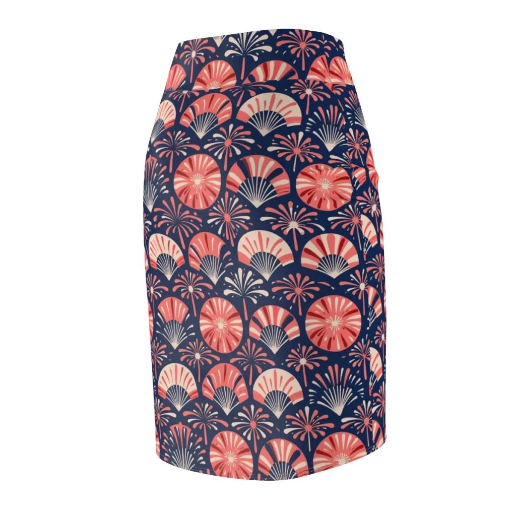 Navy Bloom Parade on Pencil Skirt — Back Side