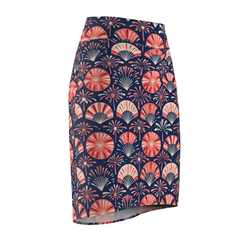 Navy Bloom Parade on Pencil Skirt — Front Side