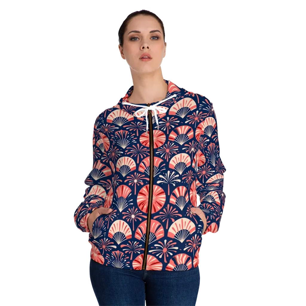 Navy Bloom Parade on Women's Full-Zip Hoodie — Front On Person
