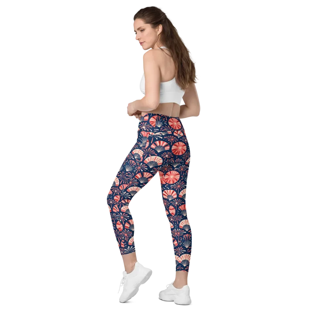 Navy Bloom Parade on Leggings with Pockets — Left Back