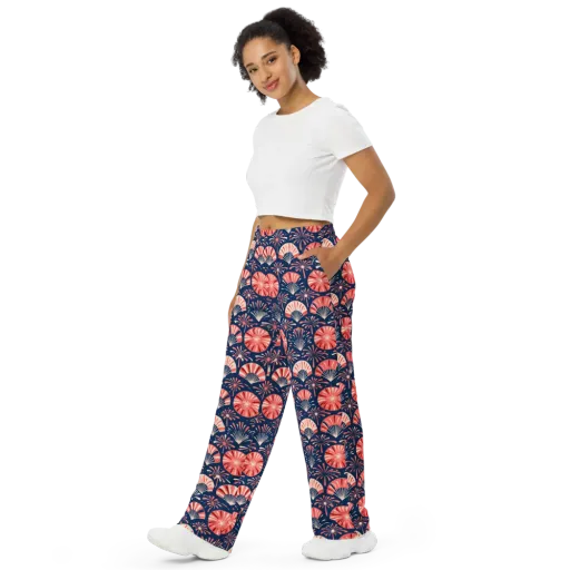 Navy Bloom Parade on a Wide-Leg Pants