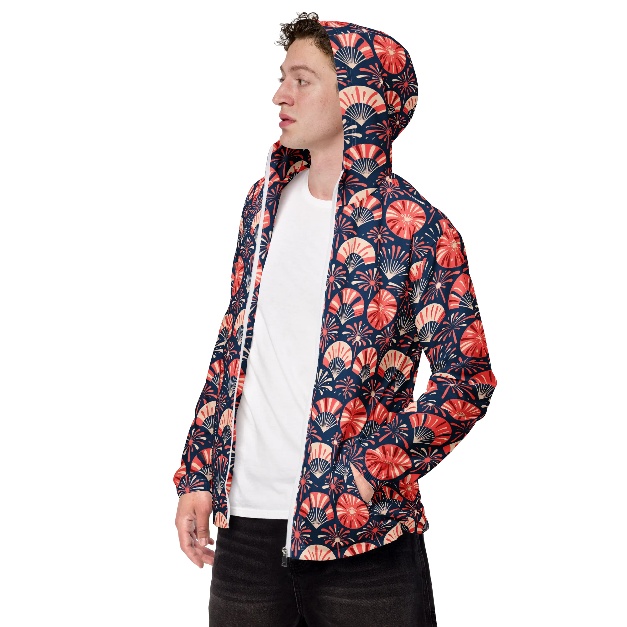 Navy Bloom Parade on Men's Windbreaker — Left Front