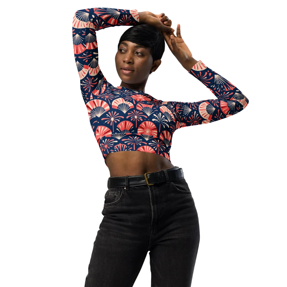 Navy Bloom Parade on Long Sleeve Crop Top — Front