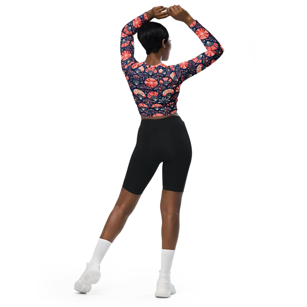 Navy Bloom Parade on Long Sleeve Crop Top — Back