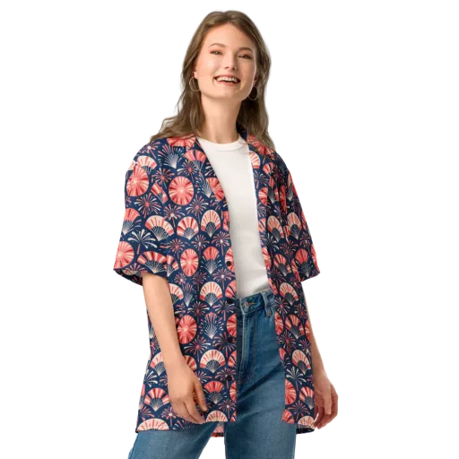 Navy Bloom Parade Button Shirt on model