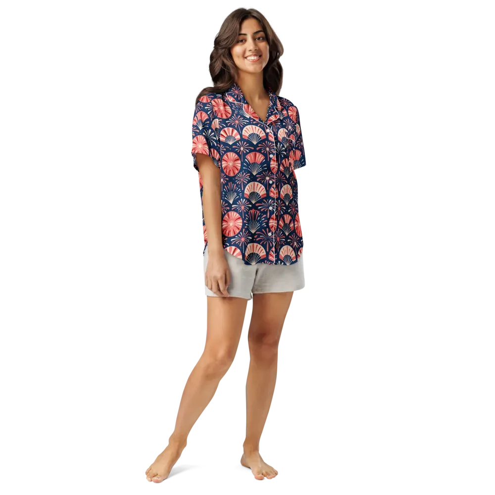 Navy Bloom Parade on Women's Short Sleeve Pajama Top — Front