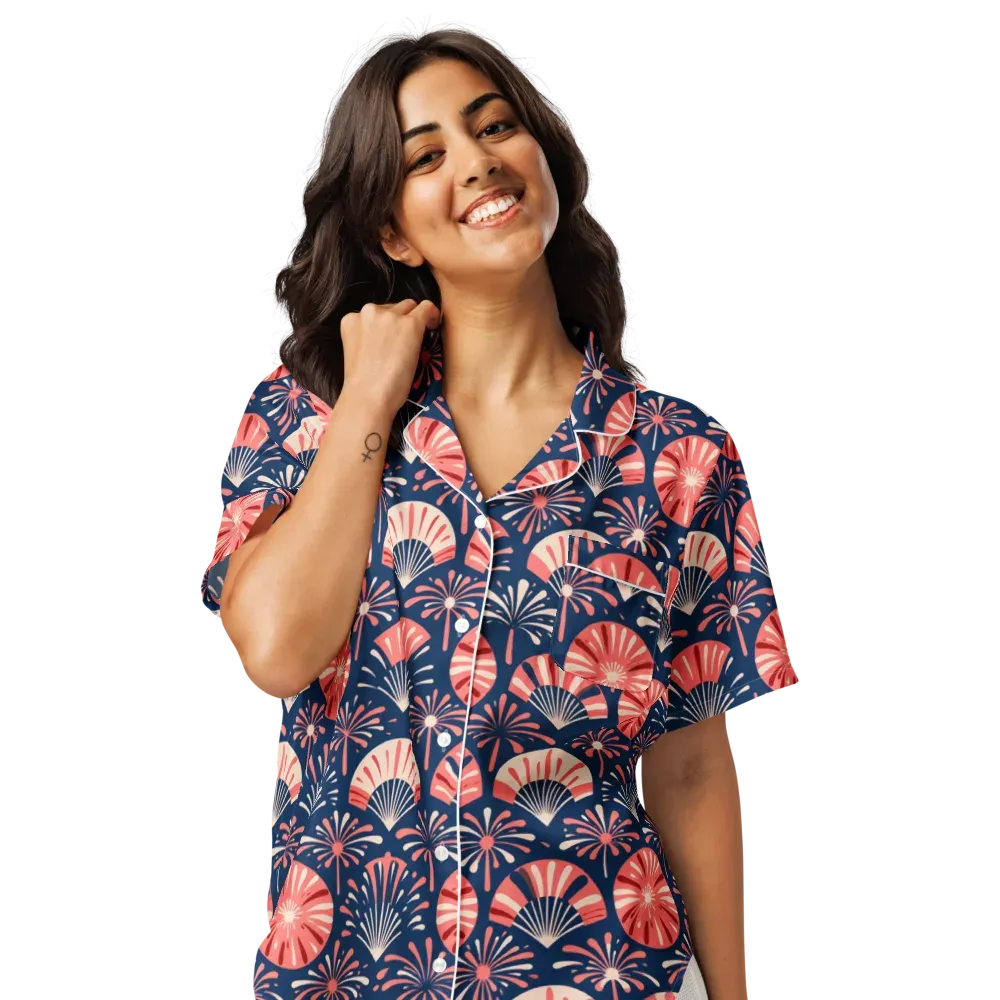 Navy Bloom Parade on Women's Short Sleeve Pajama Top — Front