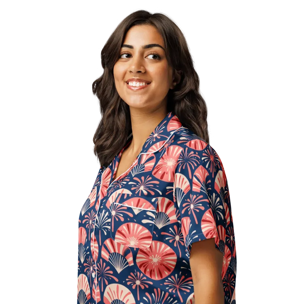 Navy Bloom Parade on Women's Short Sleeve Pajama Top — Left Front